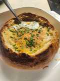 Brad's chicken, potato, and corn chowder in a sourdough bread bowl