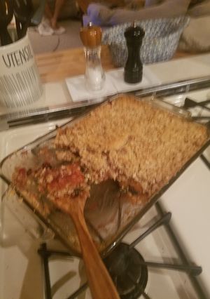 A picture of Peach and cherry cobbler.