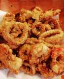Rabas y langostinos empanados