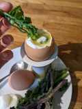 Purple sprouting broccoli egg dippers - gluten free egg soldiers