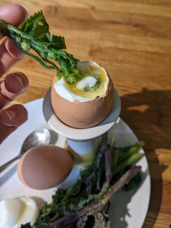 A picture of Purple sprouting broccoli egg dippers - gluten free egg soldiers.