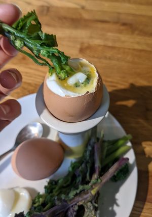 A picture of Purple sprouting broccoli egg dippers - gluten free egg soldiers.