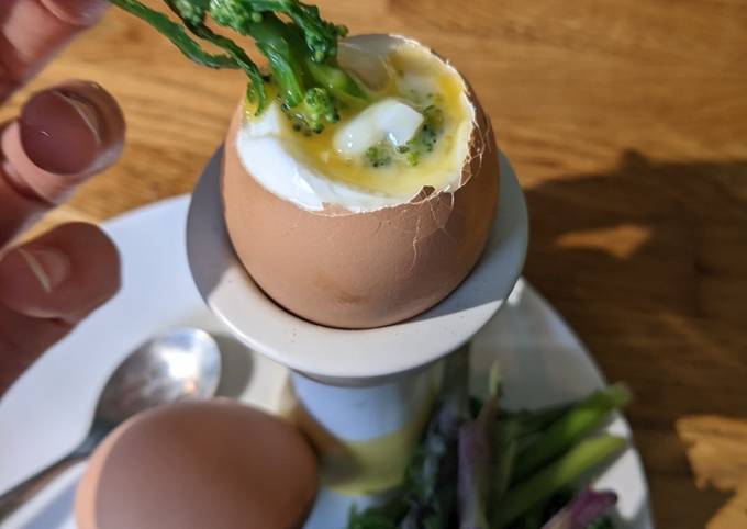 Purple sprouting broccoli egg dippers - gluten free egg soldiers