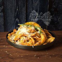 A picture of Fusilli Capri with Lamb Ragù (Fusilli Capri con Ragù di Agnello).