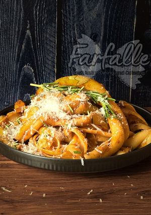 A picture of Fusilli Capri with Lamb Ragù (Fusilli Capri con Ragù di Agnello).