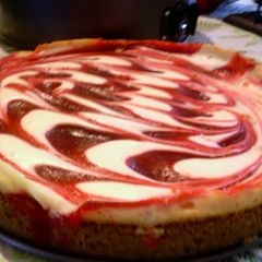 Creamy strawberry swirl cheesecake A picture of Creamy strawberry swirl cheesecake.