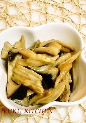 A picture of Easy Cooking in a Microwave King Oyster Mushrooms Simmered in Butter and Soy Sauce.