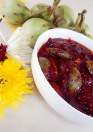 A picture of Fried Brinjal sweet n sour curry.