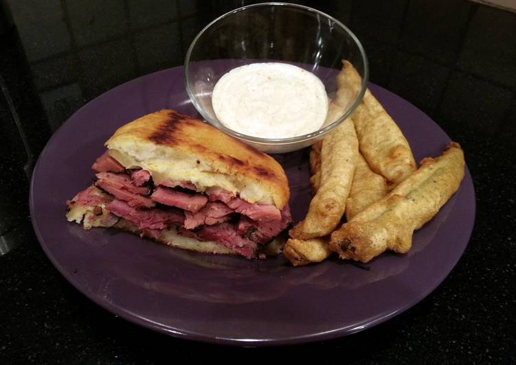 Recipe of Speedy New York Deli Pastrami Kinishwich with Fried Pickles &amp; Spicy Ranch Dip