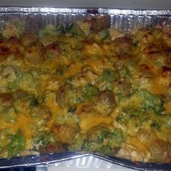 A picture of Cheesy chicken, broccoli and potato casserole!.