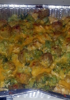 A picture of Cheesy chicken, broccoli and potato casserole!.