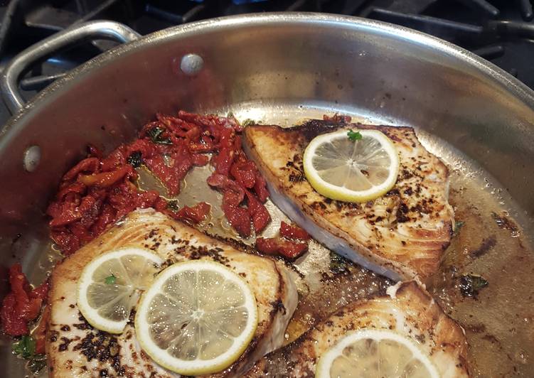 Swordfish W/ Sundried Tomatoes, Parsley, and Lemon, and Pesto Farfale Swordfish W/ Sundried Tomatoes, Parsley, and Lemon, and Pesto Farfale