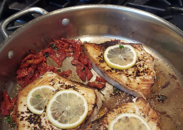 Recipe of Quick Swordfish W/ Sundried Tomatoes, Parsley, and Lemon, and Pesto Farfale