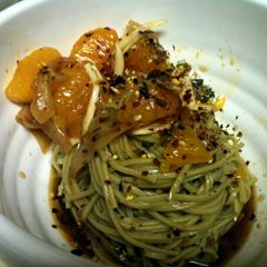 A picture of Chilled, Green Tea, Soba Noodles with Mandarin Orange.
