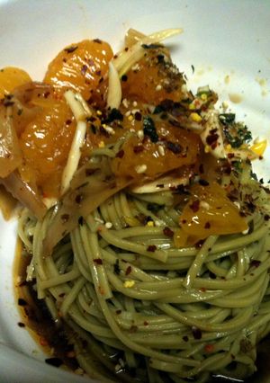 A picture of Chilled, Green Tea, Soba Noodles with Mandarin Orange.