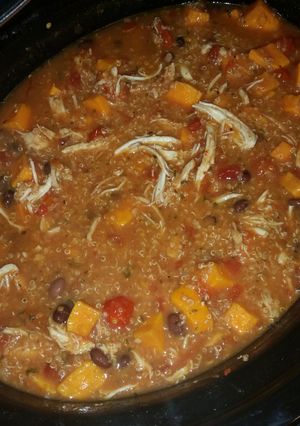 A picture of Quinoa, sweet potato, chicken soup!.
