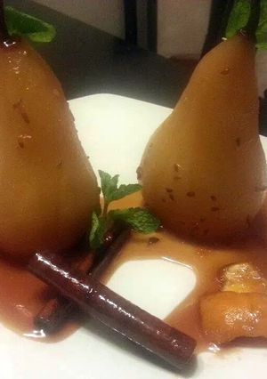 A picture of Orange lavender poached pears.