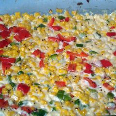 A picture of Pioneer Woman's Fresh Corn Casserole with Red Peppers and Jalape.