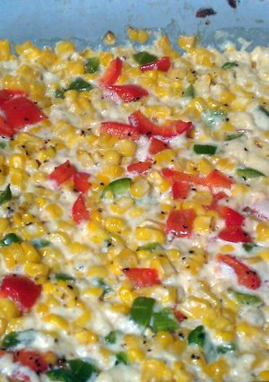 A picture of Pioneer Woman's Fresh Corn Casserole with Red Peppers and Jalape.