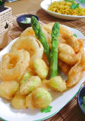 A picture of Beer-Battered Fried Fava Beans and Chicken Tenders.