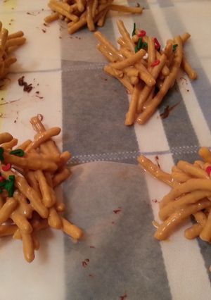 A picture of Butterscotch & Peanut Butter Chinese Noodle "Spider" Cookies.