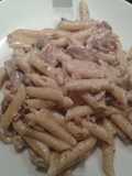 Four cheese penne with mushrooms, pancetta and toasted walnuts