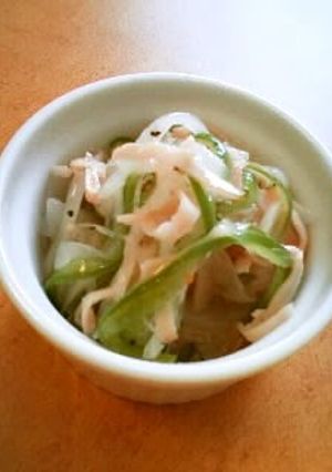 A picture of Special Side Dish with Marinated New Onion, Green Pepper, and Ham.