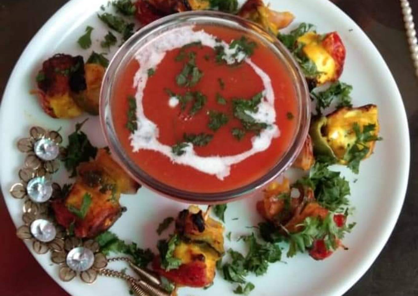 Soup with paneer tikka kabab