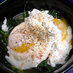 A picture of Poached eggs on a nest of spinach.