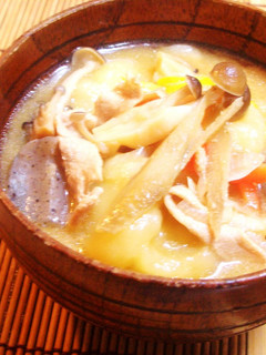 A picture of Rustic Pork Miso Soup with Dumplings.