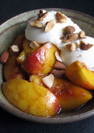 A picture of Peaches with Caramel Sauce.