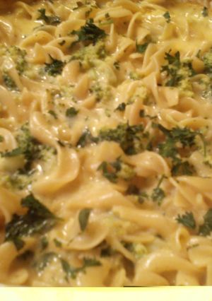 A picture of Sunshine's broccoli noodle casserole.