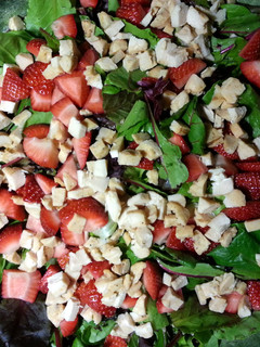 A picture of grilled chicken with raspberry acai vinaigrette salad.