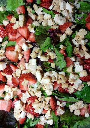 A picture of grilled chicken with raspberry acai vinaigrette salad.