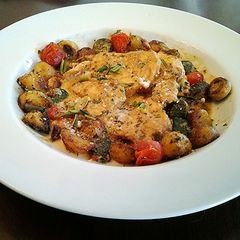 A picture of Pan Seared Swordfish with Roasted Vegetable Balls.
