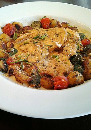 A picture of Pan Seared Swordfish with Roasted Vegetable Balls.