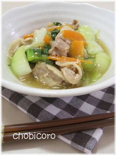 A picture of Pork Belly and Bok Choy Stir-fry in Thickened Sauce.