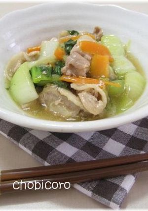 A picture of Pork Belly and Bok Choy Stir-fry in Thickened Sauce.