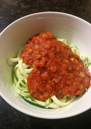 A picture of Zucchini Spaghetti with Lentil Marinara.