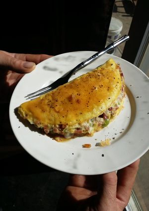 A picture of 2 eggs breakfast omelet.