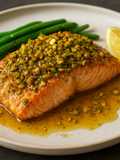 Salmão Grelhado com Crosta de Pistácio, Mel e Gengibre À Moda do Chef José Alves