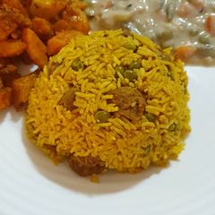 Soya chunks and peas pulao A picture of Soya chunks and peas pulao.