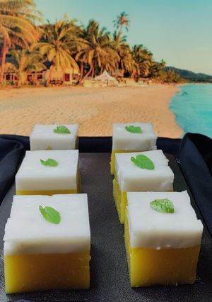 A picture of Woon Mamuang (Mango Coconut jelly cubes).