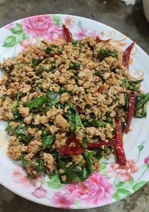 รูปของ หมูสับผัดพริกแห้งโหระพา สูตรจมูกโล่ง