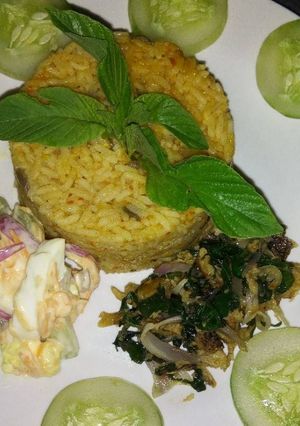 A picture of Jollof Rice with Coleslaw and Dried Fish.