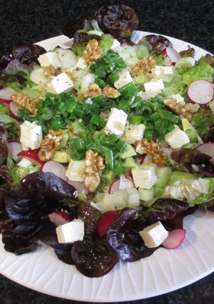 Una foto de Hojas de ensalada morada con quinua y queso de cabra o tofu