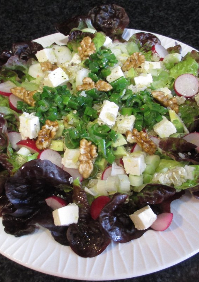 Una foto de Hojas de ensalada morada con quinua y queso de cabra o tofu