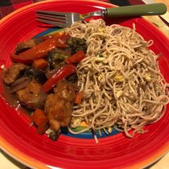 Chicken chilli with pepper fried noodles (home-made) A picture of Chicken chilli with pepper fried noodles (home-made).