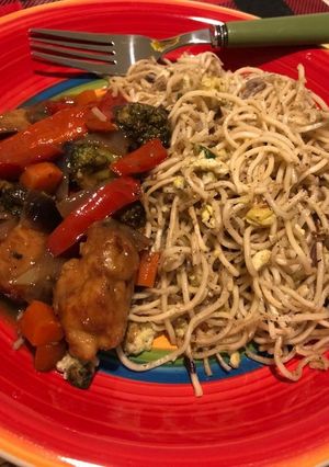 A picture of Chicken chilli with pepper fried noodles (home-made).