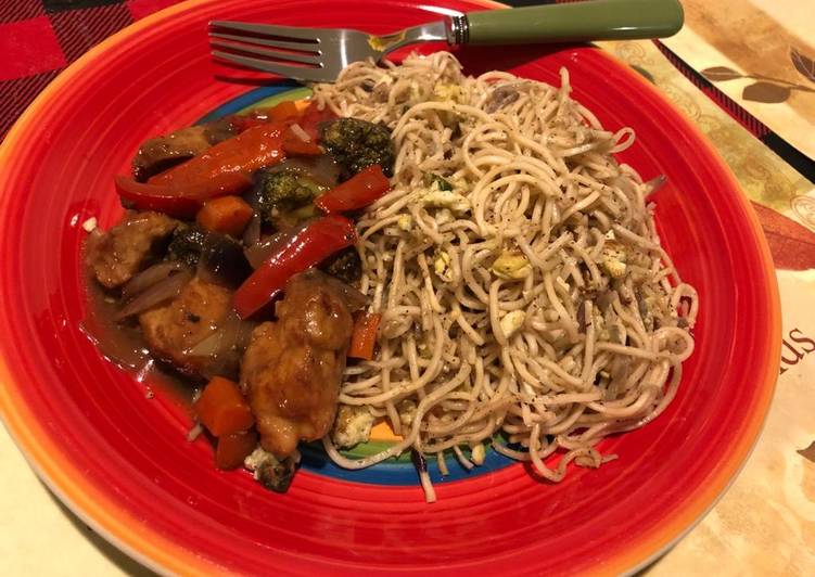Chicken chilli with pepper fried noodles (home-made)